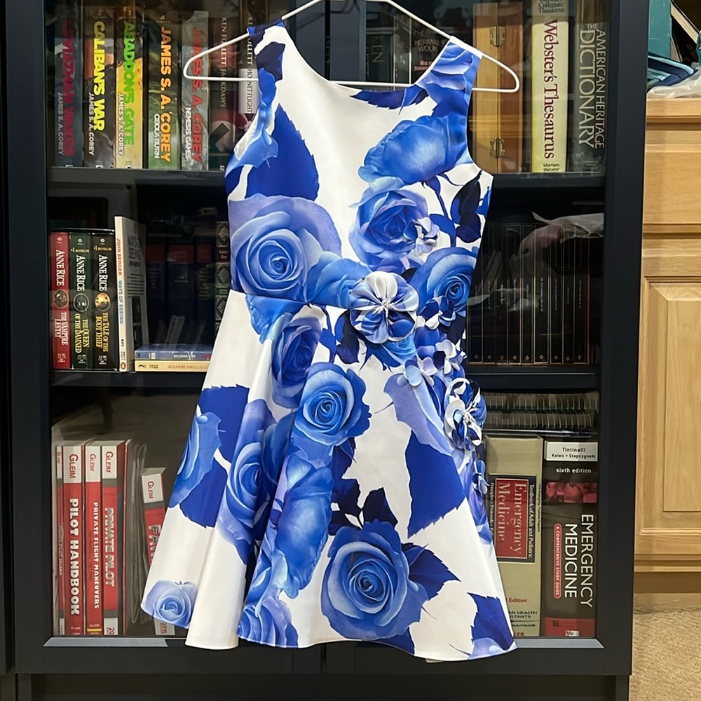 Blue Floral David Charles Gold Label dress with flower details. Size 9